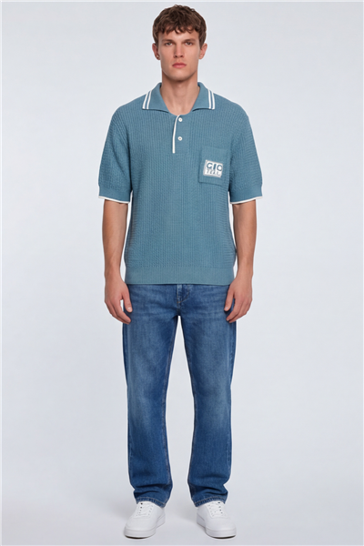 Giotelli Erkek Mavi Normal Kesim Regular Fit %100 Pamuk Düğmeli Polo Yaka Triko Kazak