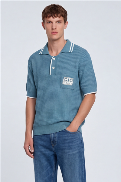 Giotelli Erkek Mavi Normal Kesim Regular Fit %100 Pamuk Düğmeli Polo Yaka Triko Kazak