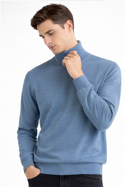 Giotelli Erkek Mavi Dar Kesim Slim Fit Yünlü Düz Balıkçı Yaka Triko Kazak
