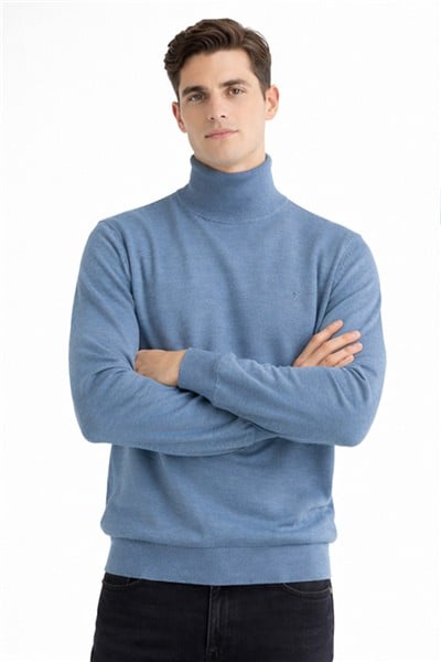 Giotelli Erkek Mavi Dar Kesim Slim Fit Yünlü Düz Balıkçı Yaka Triko Kazak