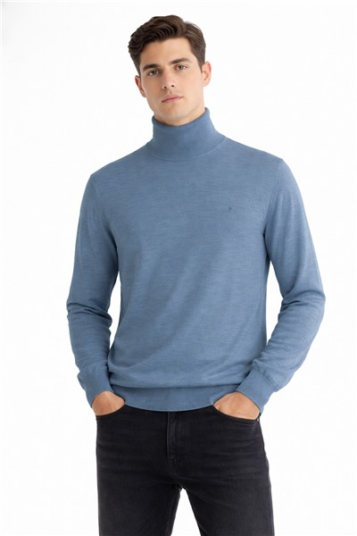 Giotelli Erkek Mavi Dar Kesim Slim Fit Yünlü Düz Balıkçı Yaka Triko Kazak