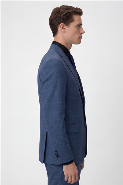 Giotelli Erkek Mavi Dar Kesim Slim Fit Viskon Dokuma Fleto Kapaklı Cep Normal Bel 5 Drop Klasik Takım Elbise