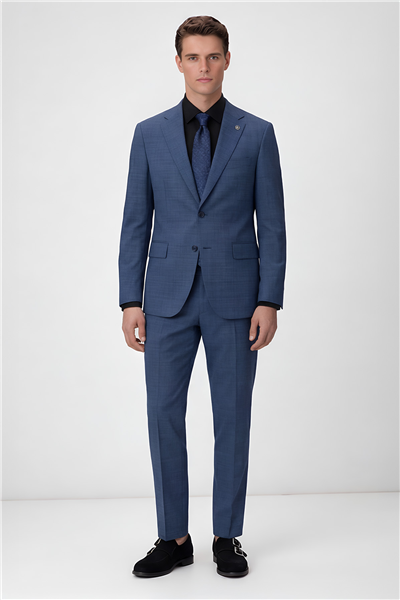 Giotelli Erkek Mavi Dar Kesim Slim Fit Viskon Dokuma Fleto Kapaklı Cep Normal Bel 5 Drop Klasik Takım Elbise