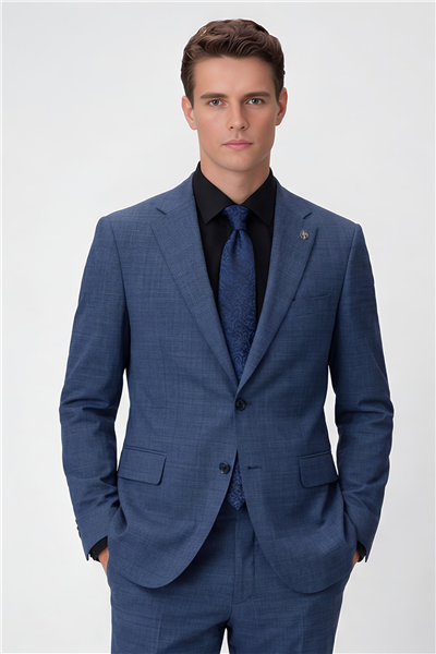 Giotelli Erkek Mavi Dar Kesim Slim Fit Viskon Dokuma Fleto Kapaklı Cep Normal Bel 5 Drop Klasik Takım Elbise