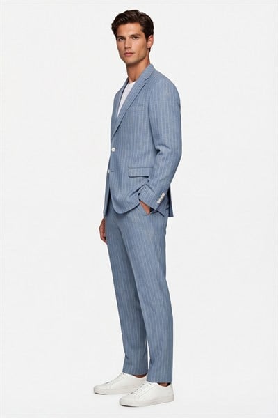 Giotelli Erkek Mavi Dar Kesim Slim Fit Viskon Çizgili Mono Yaka 8 Drop Yelekli Takım Elbise