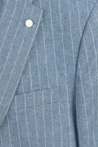 Giotelli Erkek Mavi Dar Kesim Slim Fit Viskon Çizgili Mono Yaka 8 Drop Yelekli Takım Elbise