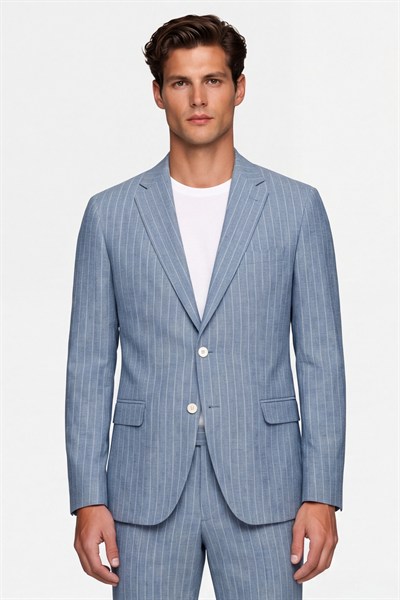 Giotelli Erkek Mavi Dar Kesim Slim Fit Viskon Çizgili Mono Yaka 8 Drop Yelekli Takım Elbise