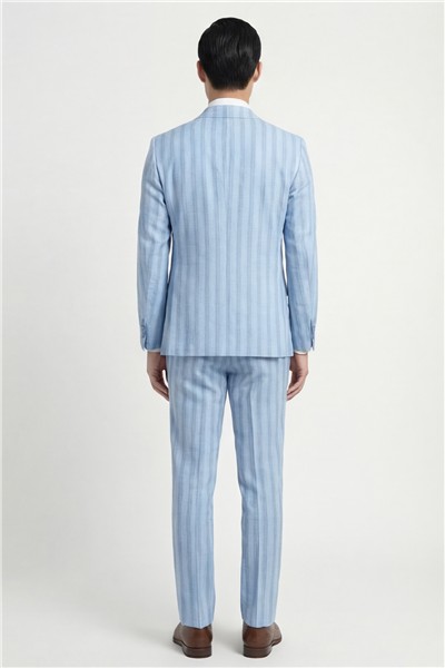 Giotelli Erkek Mavi Dar Kesim Slim Fit Viskon Çizgili Dokuma Fleto Kapaklı Cep Normal Bel 8 Drop Yelekli Klasik Takım Elbise