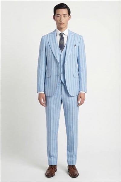 Giotelli Erkek Mavi Dar Kesim Slim Fit Viskon Çizgili Dokuma Fleto Kapaklı Cep Normal Bel 8 Drop Yelekli Klasik Takım Elbise