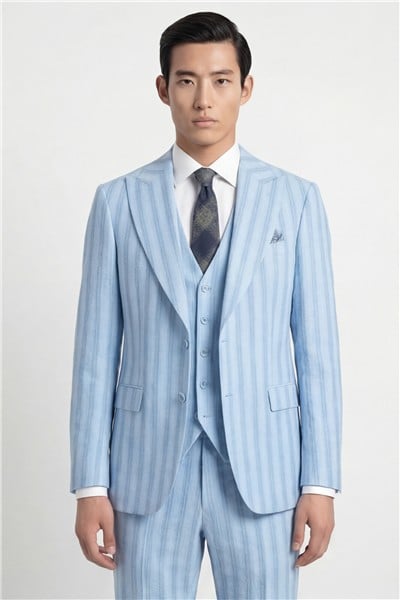 Giotelli Erkek Mavi Dar Kesim Slim Fit Viskon Çizgili Dokuma Fleto Kapaklı Cep Normal Bel 8 Drop Yelekli Klasik Takım Elbise