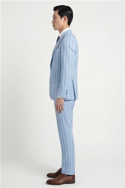 Giotelli Erkek Mavi Dar Kesim Slim Fit Viskon Çizgili Dokuma Fleto Kapaklı Cep Normal Bel 8 Drop Yelekli Klasik Takım Elbise