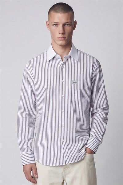 Giotelli Erkek Mix Geniş Kesim Oversize Fit Pamuklu Dokuma Çizgili Apoletli Yaka Gömlek