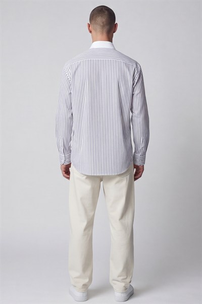 Giotelli Erkek Mix Geniş Kesim Oversize Fit Pamuklu Dokuma Çizgili Apoletli Yaka Gömlek