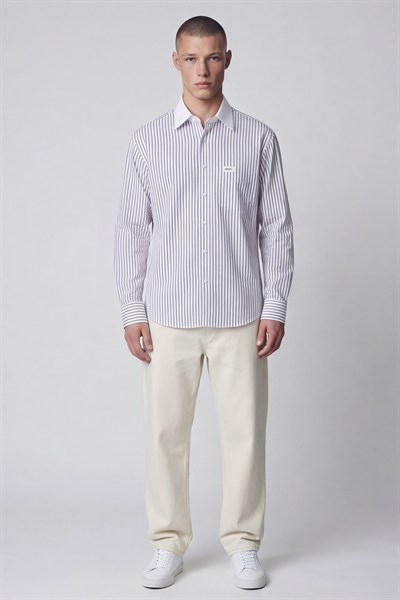 Giotelli Erkek Mix Geniş Kesim Oversize Fit Pamuklu Dokuma Çizgili Apoletli Yaka Gömlek