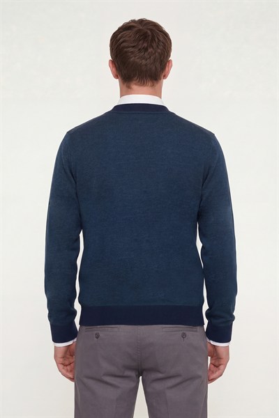 Giotelli Erkek Petrol Dar Kesim Slim Fit Yünlü Düz V Yaka Triko Kazak