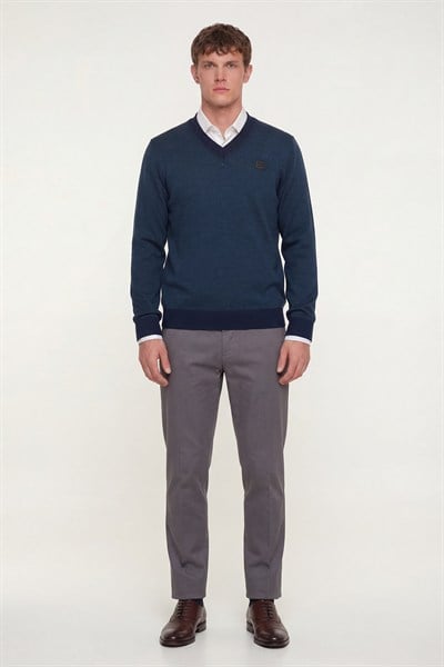 Giotelli Erkek Petrol Dar Kesim Slim Fit Yünlü Düz V Yaka Triko Kazak