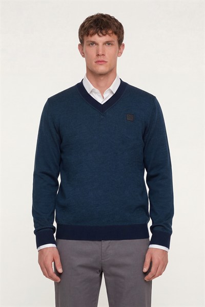 Giotelli Erkek Petrol Dar Kesim Slim Fit Yünlü Düz V Yaka Triko Kazak