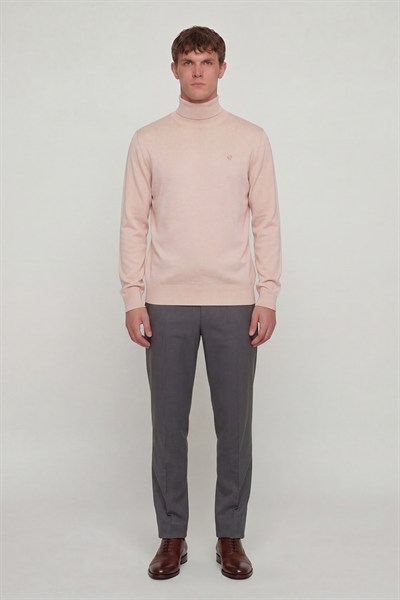 Giotelli Erkek Pudra Dar Kesim Slim Fit Yünlü Düz Balıkçı Yaka Triko Kazak