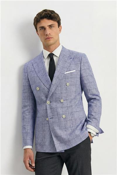 Giotelli Saks Ekose Sivri Yaka Roma Kalıp 6 Drop Astarsız Erkek Ceket