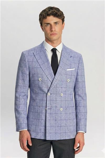 Giotelli Saks Ekose Sivri Yaka Roma Kalıp 6 Drop Astarsız Erkek Ceket