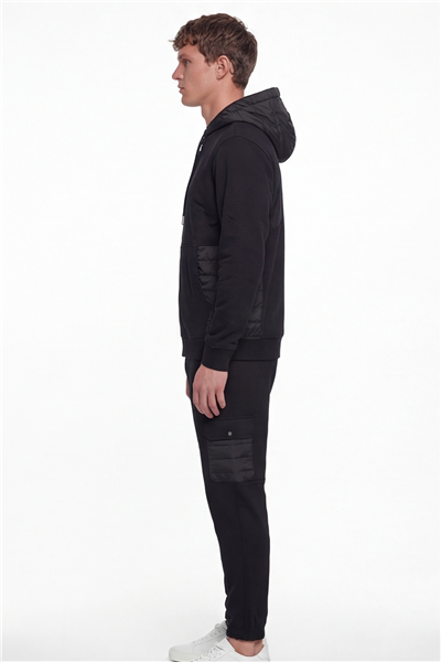Giotelli Erkek Siyah Normal KesimRegular Fit Pamuklu Lastikli Paça 6 Drop Kapüşonlu Eşofman Takımı