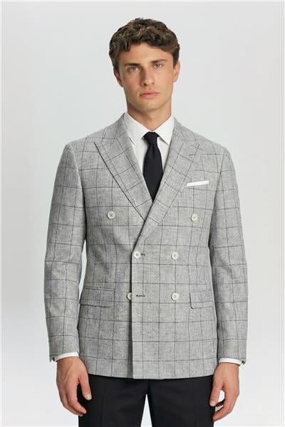 Giotelli Siyah Ekose Sivri Yaka Roma Kalıp 6 Drop Astarsız Erkek Ceket