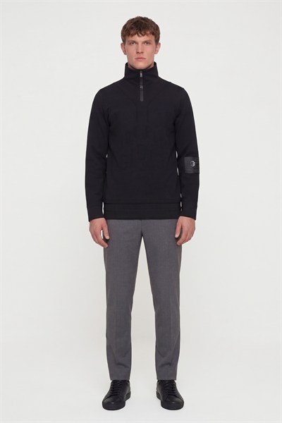 Giotelli Erkek Siyah Normal Kesim Regular Fit Yünlü Dokuma Fermuarlı Balıkçı Yaka Triko Kazak