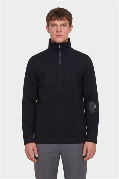 Giotelli Erkek Siyah Normal Kesim Regular Fit Yünlü Dokuma Fermuarlı Balıkçı Yaka Triko Kazak