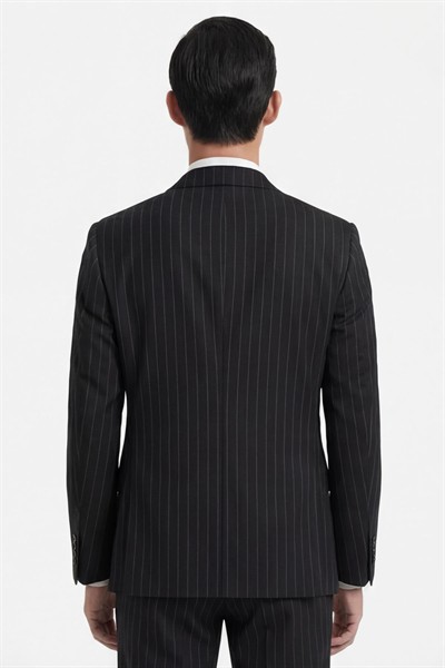 Giotelli Erkek Siyah Dar Kesim Slim Fit Viskon Sivri Yaka Çizgili Kruvaze Fleto Kapaklı Cep Çift Yırtmaçlı Tam Astarlı 6 Drop Takım Elbise