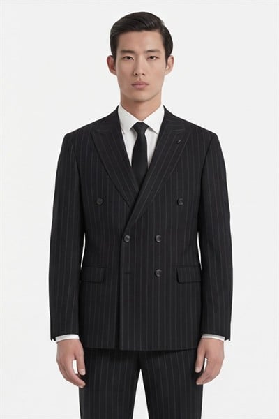 Giotelli Erkek Siyah Dar Kesim Slim Fit Viskon Sivri Yaka Çizgili Kruvaze Fleto Kapaklı Cep Çift Yırtmaçlı Tam Astarlı 6 Drop Takım Elbise