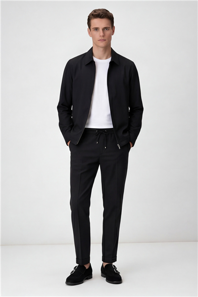 Giotelli Erkek Siyah Normal Kesim Regular Fit Viskon Fermuarlı Klasik Yaka Spor Takım Elbise