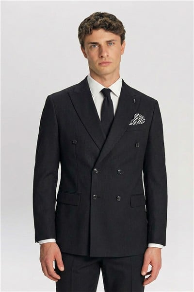 Giotelli Erkek Siyah Dar Kesim Slim Fit %100 Kadife Kruvaze Yaka Fleto Cepli 6 Drop Klasik Takım Elbise