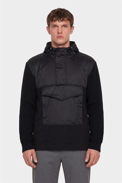 Giotelli Erkek Siyah Normal Kesim Regular Fit Fleto Kapaklı Cep Kapişonlu Sweatshirt