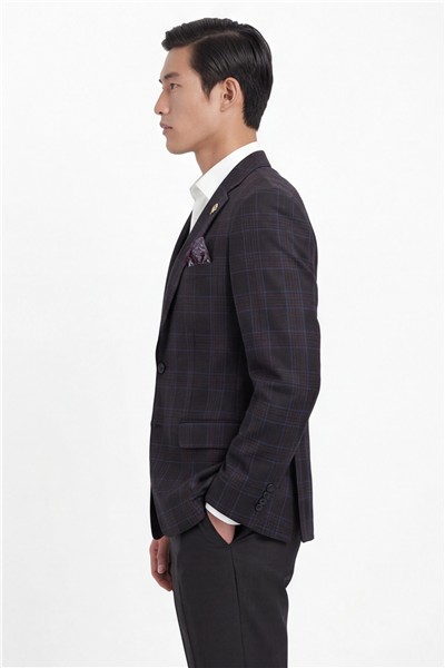 Erkek Siyah Dar Kesim Slim Fit %100 Yün Ekose Dokuma Normal Bel 6 Drop Takım Elbise