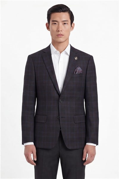 Erkek Siyah Dar Kesim Slim Fit %100 Yün Ekose Dokuma Normal Bel 6 Drop Takım Elbise