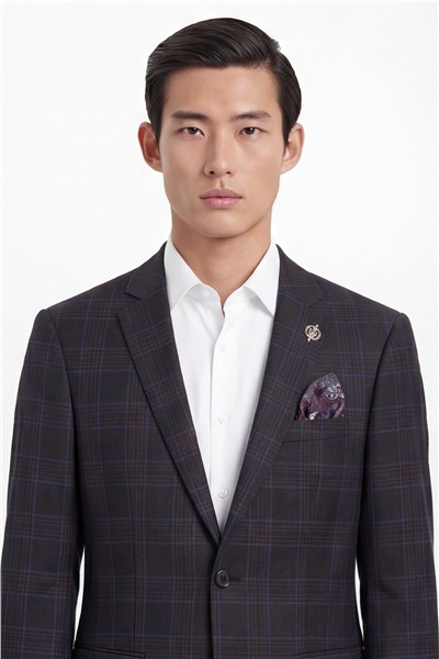 Erkek Siyah Dar Kesim Slim Fit %100 Yün Ekose Dokuma Normal Bel 6 Drop Takım Elbise