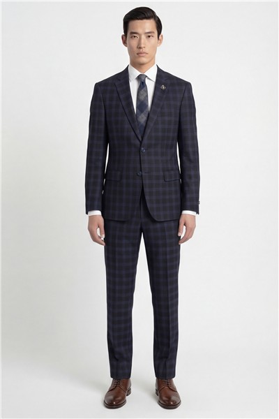 Erkek Siyah Dar Kesim Slim Fit %100 Yün Dokuma Ekose Normal Bel 6 Drop Klasik Takım Elbise