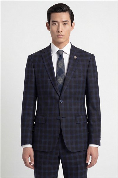 Erkek Siyah Dar Kesim Slim Fit %100 Yün Dokuma Ekose Normal Bel 6 Drop Klasik Takım Elbise