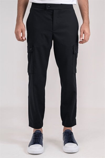 Giotelli Erkek Siyah Dar Kesim Slim Fit Viskon Dokuma Kargo Cep Normal Bel Pantolon
