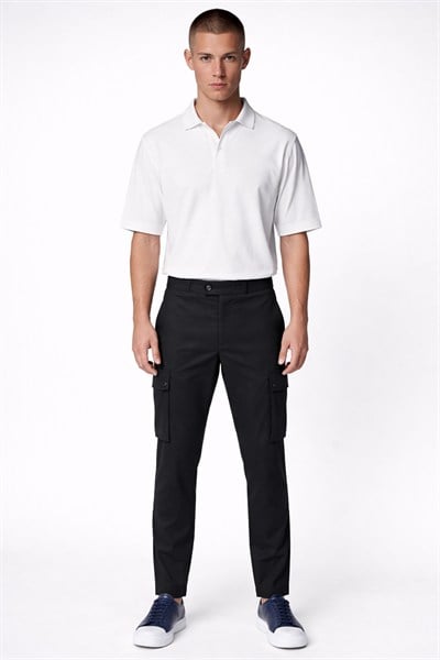 Giotelli Erkek Siyah Dar Kesim Slim Fit Viskon Dokuma Kargo Cep Normal Bel Pantolon