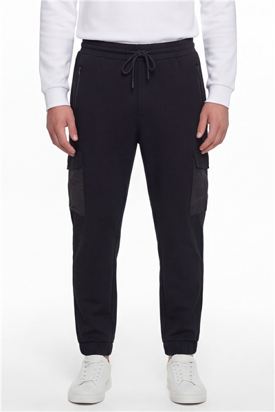 Giotelli Erkek Siyah Dar Kesim Slim Fit Pamuklu Lastikli Bel Kapaklı Cep Lastikli Paça Pantolon