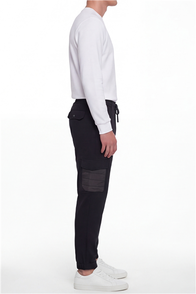 Giotelli Erkek Siyah Dar Kesim Slim Fit Pamuklu Lastikli Bel Kapaklı Cep Lastikli Paça Pantolon