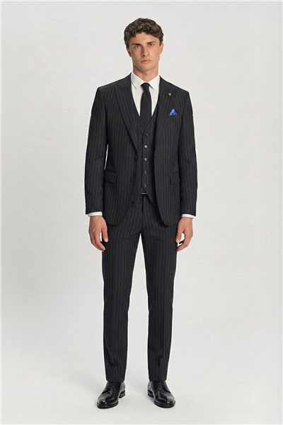 Giotelli Siyah Yelekli Çizgili Sivri Yaka Roma Kalıp 6 Drop Tam Astarlı Erkek Takım Elbise