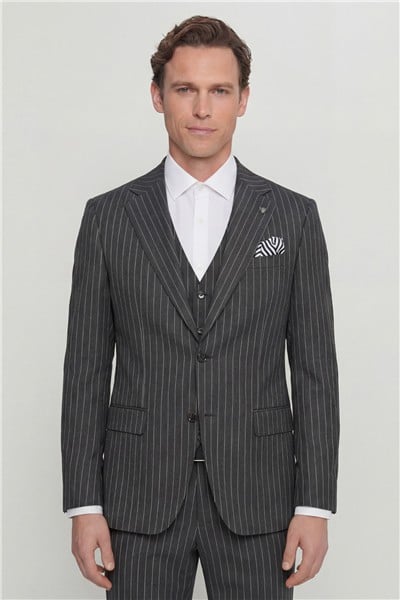 Giotelli Erkek Siyah Dar Kesim Slim Fit Pamuklu Dokuma Normal Bel 6 Drop Yelekli Klasik Takım Elbise