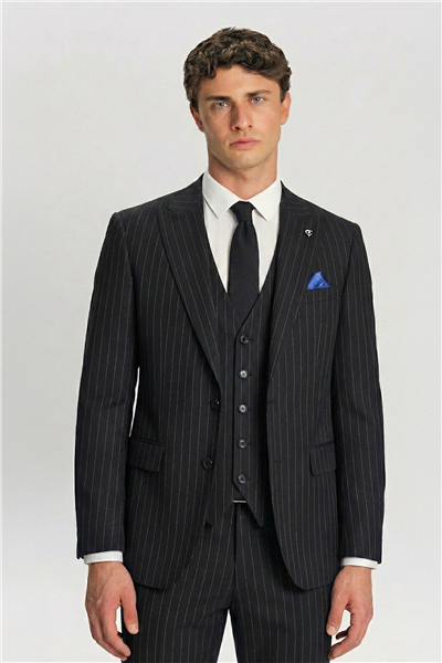 Giotelli Siyah Yelekli Çizgili Sivri Yaka Roma Kalıp 6 Drop Tam Astarlı Erkek Takım Elbise
