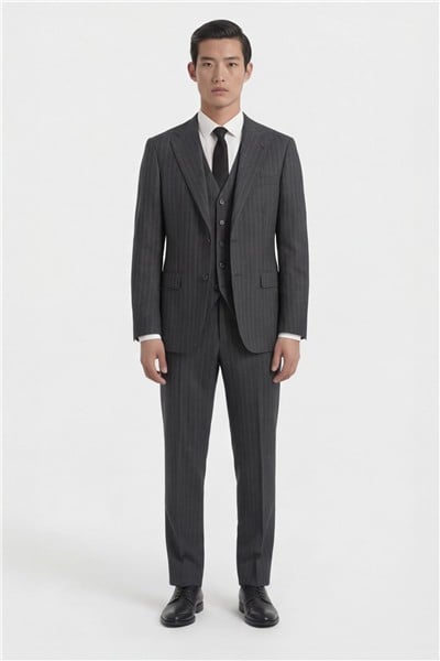 Giotelli Erkek Siyah Dar Kesim Slim Fit Viskon Dokuma Çizgili Klasik Yaka 6 Drop Takım Elbise