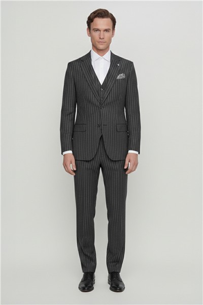 Giotelli Erkek Siyah Dar Kesim Slim Fit Pamuklu Dokuma Normal Bel 6 Drop Yelekli Klasik Takım Elbise