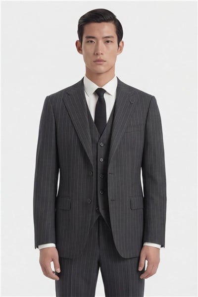 Giotelli Erkek Siyah Dar Kesim Slim Fit Viskon Dokuma Çizgili Klasik Yaka 6 Drop Takım Elbise