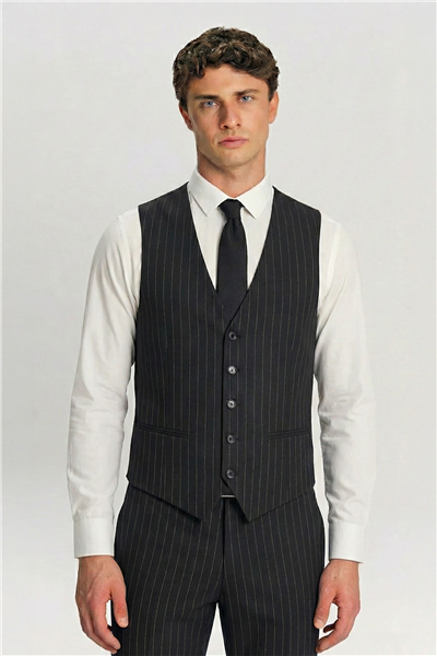 Giotelli Siyah Yelekli Çizgili Sivri Yaka Roma Kalıp 6 Drop Tam Astarlı Erkek Takım Elbise