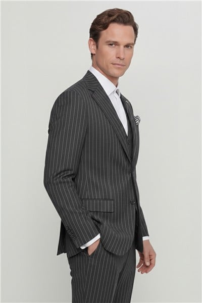 Giotelli Erkek Siyah Dar Kesim Slim Fit Pamuklu Dokuma Normal Bel 6 Drop Yelekli Klasik Takım Elbise